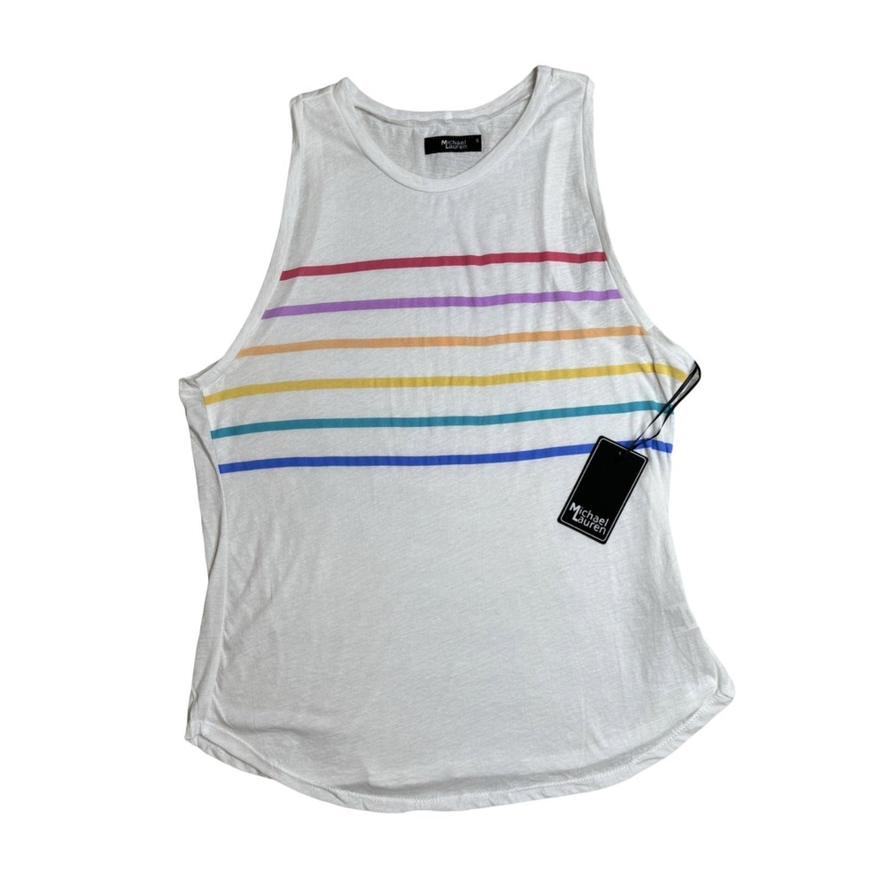 Michael Lauren Racer High Neck Tank Top Womens White Multi Stripe S $79